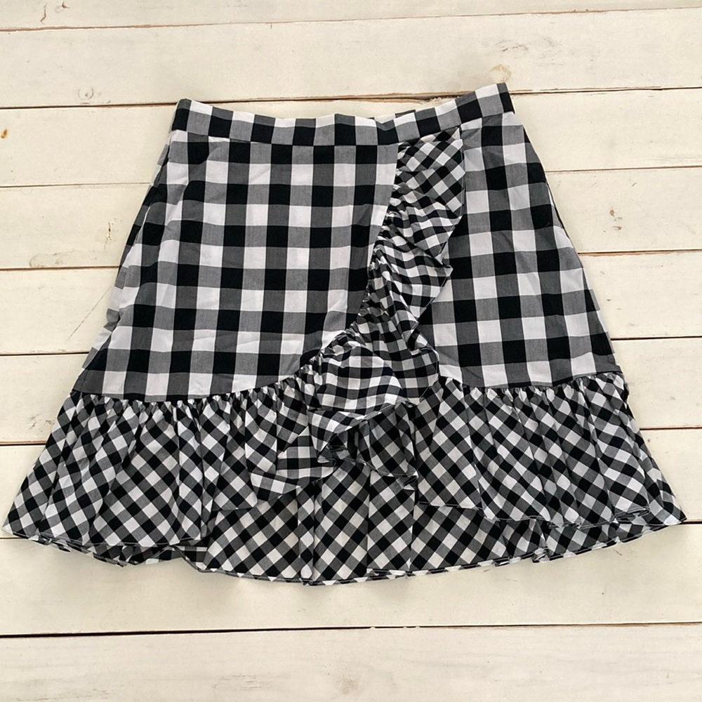 J. Crew Black and White Faux Wrap Skirt with Ruffled Asymmetry